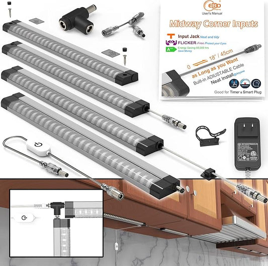EBD Under Cabinet Lights Hardwired Built-in Adjustable Cable Midway Input Bookshelf Plug in Light bar 4 Pcs Touch Light 1800 Lm 4500K Super Bright Energy for Shelves Closet Shelf Locker Bookcase