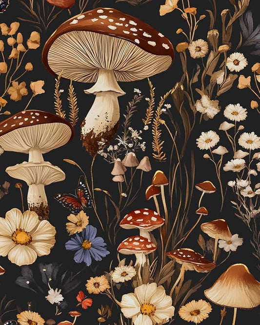Mushroom Peel and Stick Wallpaper Vintage Wallpaper Floral Contact Paper Leaf Wall Paper for Cabinet Bedroom Backsplash Renter Friendly Removable 17.5 x 393.5In