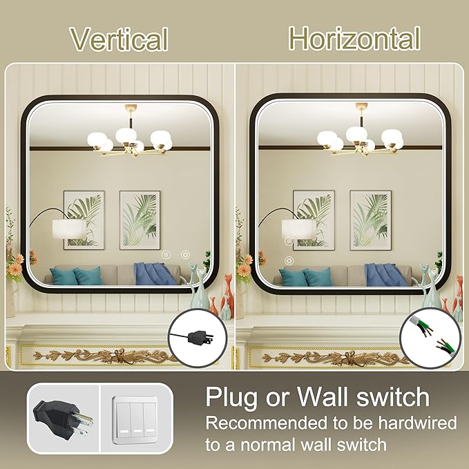 30x30 Inch Black LED Bathroom Mirror, 3000K/4500K/6000K, Framed Lighted Bathroom Vanity Mirror with Lights, Anti-Fog, Stepless Dimmable, Memory, Wall Mounted, Horizontal/Vertical