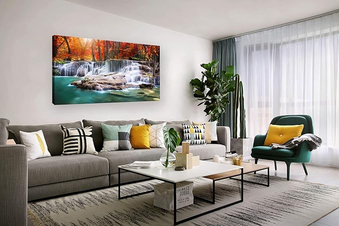 Aibonnly Wall Art Canvas Painting Red Forest Waterfalls 1 Piece Modern Landscape Tree Picture Poster Print Framed and Stretched Ready to Hang for Living Room Bedroom Kitchen Office Home Decor