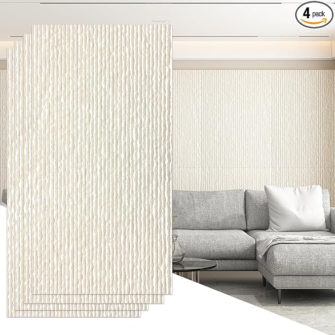 OUZUGIE 4 PCS Faux Stone Wall Panel 47.2’’ x 23.6’’ Interior Exterior Wall Decor 3D PU Panel with Flowing Water Design White