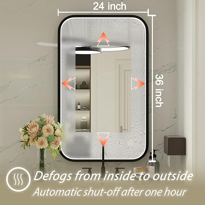 24x36 Inch LED Bathroom Mirror with Lights, Adjustable 3000K/4500K/6000K, Wall Mounted Black Lighted Bathroom Vanity Mirror, Stepless Dimmable, Anti-Fog, Memory Function