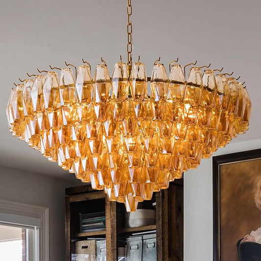 Large Chandelier, 37" Gold Smoke Glass Chandelier for Living Room, 14-Light Round Drum Kitchen Island Hanging Light Fixture Perfect for Dining Room, Bedroom,Kitchen, Foyer