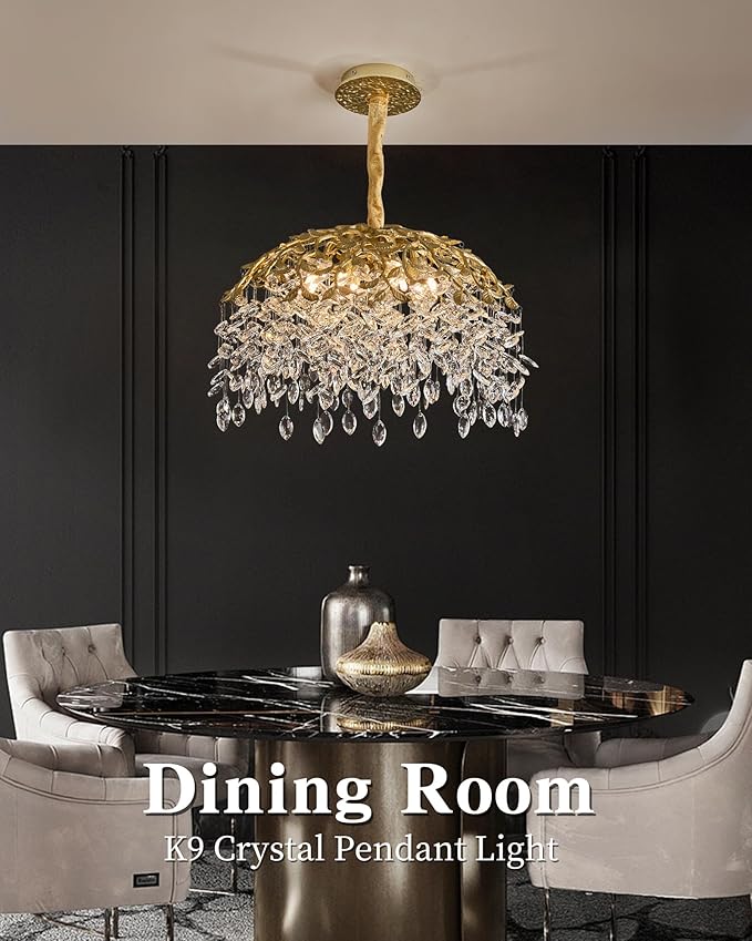 Modern Crystal Chandelier for Dining Room, 8-Light 23.62" Gold Tree Branch Chandeliers, Luxury K9 Crystal Rectangular Chandeliers for Kitchen Island Living Room