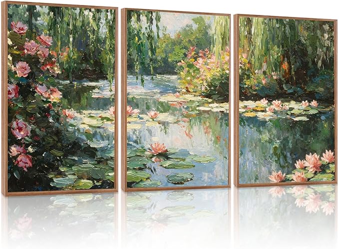 LHIUEM Monet Water Lilies Floral Framed Canvas Wall Art Set,Vintage Impressionist Botanical Wall Decor,Oil Paintings Style Flowers Artwork for Living Room,Bedroom,Dining Room,Office -16"x24"x3