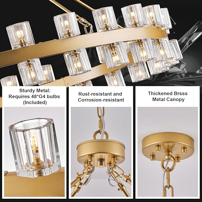 48 Inch Gold Wagon Wheel Chandelier with Crystal Shade, 48 Lights, Modern Farmhouse Style, Ideal for Dining Room, Kitchen, Entryways