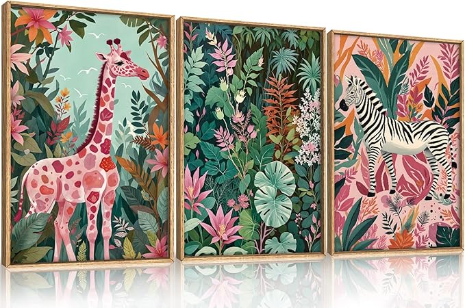 Aryroi Large Jungle Giraffe and Zebra Framed Canvas Wall Art,Modern Safari Wild Animal Wall Decor,Tropical Nature Wildlife Artwork,Boho Botanical Art Print for Living Room,Bedroom,Office-16 x24 x3