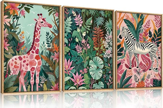 Aryroi Large Jungle Giraffe and Zebra Framed Canvas Wall Art,Modern Safari Wild Animal Wall Decor,Tropical Nature Wildlife Artwork,Boho Botanical Art Print for Living Room,Bedroom,Office-16 x24 x3
