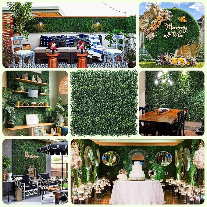 KASZOO Grass Wall 24 Pack 10"x10" Artificial Boxwood Hedge Wall Panels, Privacy Hedge Screen Faux Boxwood for Outdoor,Indoor,Garden,Fence,Backyard,Greenery Walls