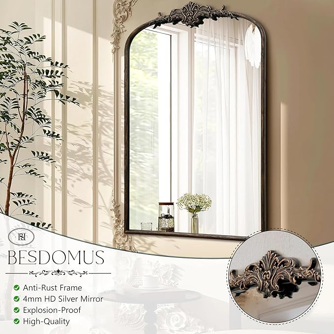 Antique Baroque Arched Mirror: 24"x36" Arch Black Vintage Wall Mounted Mirror - Traditional Ornate Home Decor for Entryway/Fireplace/Bathroom - Idea for Young Couples