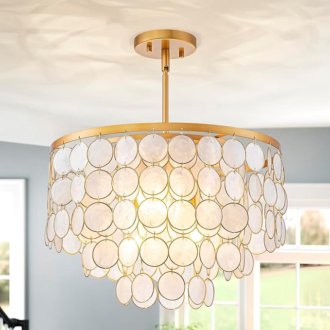 4-Lights Capiz Shell Chandelier, Coastal Design Pendant Light Fixture, for Kitchen, Dining Room, Bedroom, Gold Finish, D16.5 * H20~50 Inch Adjustable Height