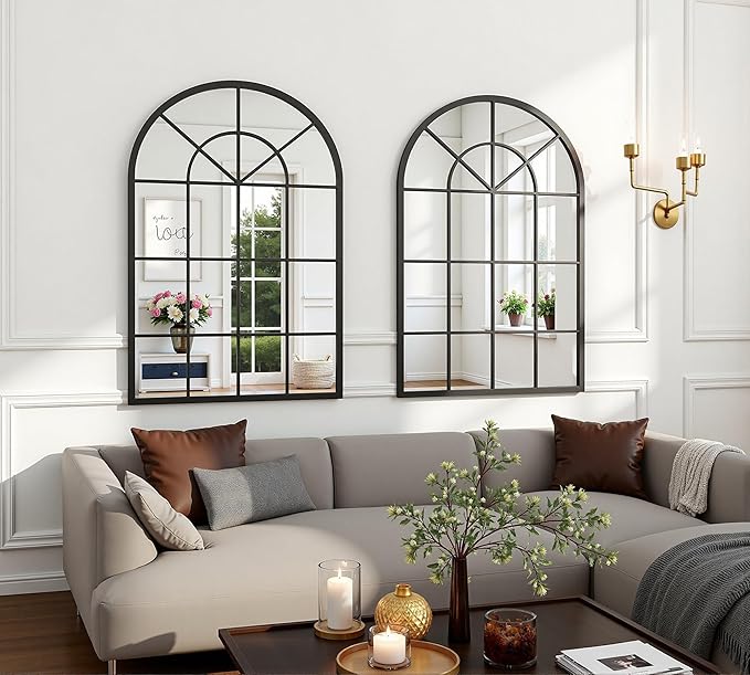 Arch Wall Mirror Mounted Decorative, 31"x42", Arched Window Pane Mirror for Wall-Mounted for Entryway, Bathroom Vanity, Living Room or Bedroom, Iron Frame, Black