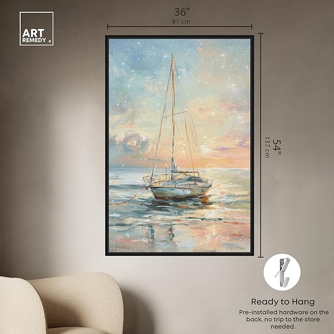 Art Remedy Boat On The Shore Framed Sailing 1 Piece Canvas Wall Art, 37" x 55", Black Frame