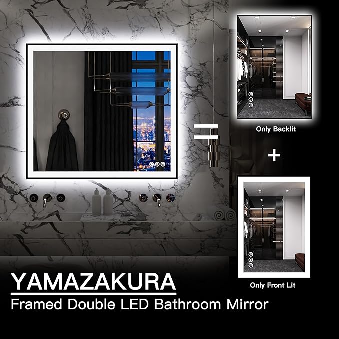 LED Bathroom Mirror 40x38 with Backlit and Front Lighted, Framed Dimmable Illuminated Mirror for Wall Anti-Fog Shatterproof (Horizontal/Vertical)