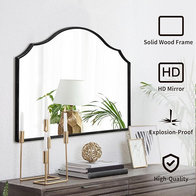 Black Scalloped Arched Mirror: 32"x24" Modern Wall Mirror - Minimalist Mantel Mirrors for Vanity/Bedroom/Entryway/Bathroom/Hallway - Home Decor for Small Apartment
