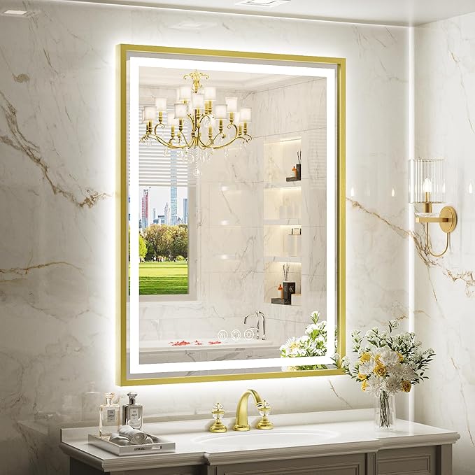 LED Bathroom Mirror, 20x28 Inch Frontlit & Backlit Gold Framed Lighted Mirror,Wall Mouted Vanity with Lights,Double Lights Strips,Anti Fog Stepless Dimmable White/Warm/Natural