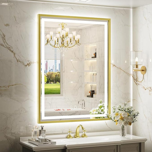 LED Bathroom Mirror, 20x28 Inch Frontlit & Backlit Gold Framed Lighted Mirror,Wall Mouted Vanity with Lights,Double Lights Strips,Anti Fog Stepless Dimmable White/Warm/Natural
