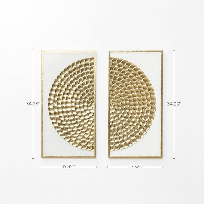 LuxenHome 34" Metal Wall Art, Set of 2 Living Room Gold Wall Decor, White & Distressed Metal Art Hanging Sculptures Decorations with Frame for Home, Bedroom, Entryway, Kitchen, Office, Dining Room