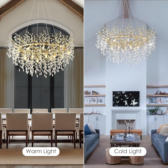 48 inch Crystal Chandelier for Dining Room, Round Gold Tree Branches Chandeliers, Top K9 Crystal Chandelier for Living Room, Modern Brass Chandeliers for Kitchen,Foyer Entryway