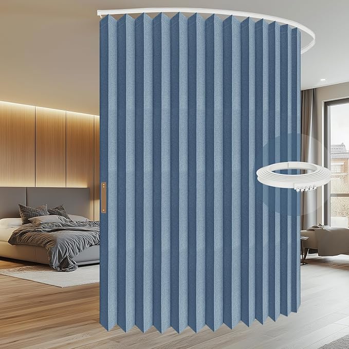 AJAZZ 100% Blackout Accordion Room Divider Curtains - with Flexible Ceiling Track Total Privacy Sound Proof Curtains Suitable for Bedroom Patio Sliding Door (Blue, W100 x L84, 1 Pack)