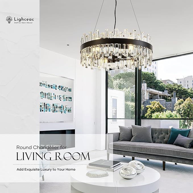 21.7" Black Modern Crystal Chandelier Light Fixtures Luxury 2 Ring Crystal Chandeliers for Dining Room 12-Light Round Hanging Pendant Lighting for Living Room Kitchen Island Entryway Bedroom