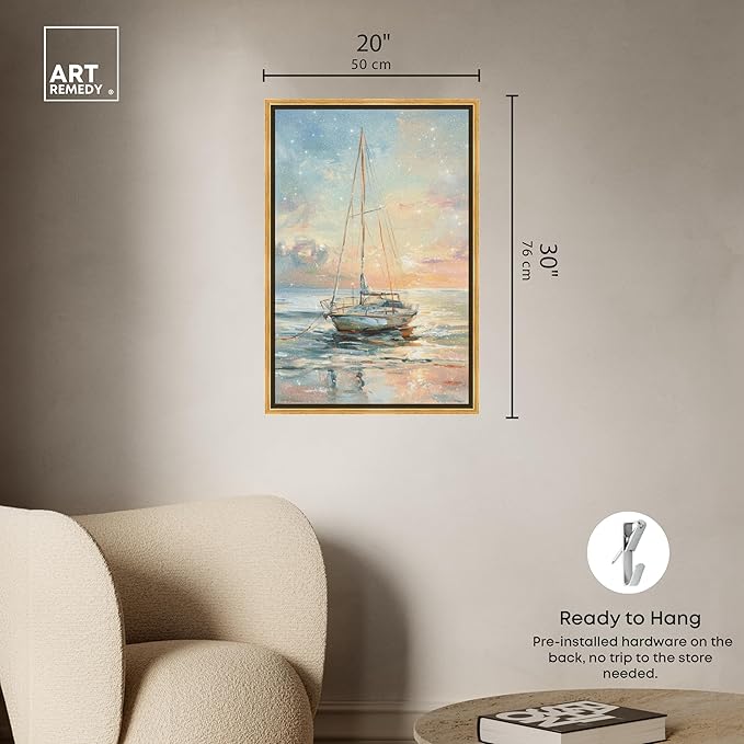 Art Remedy Boat On The Shore Framed Sailing 1 Piece Canvas Wall Art, 21.5" x 31.5", Gold Frame