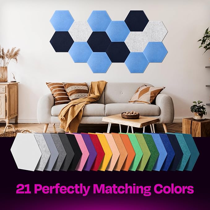 Acoustic Panels 12-Pack - 14"X12.1"X0.4" Soundproof Wall Panels - High Density Sound Dampening - Grand Blue Hexagon