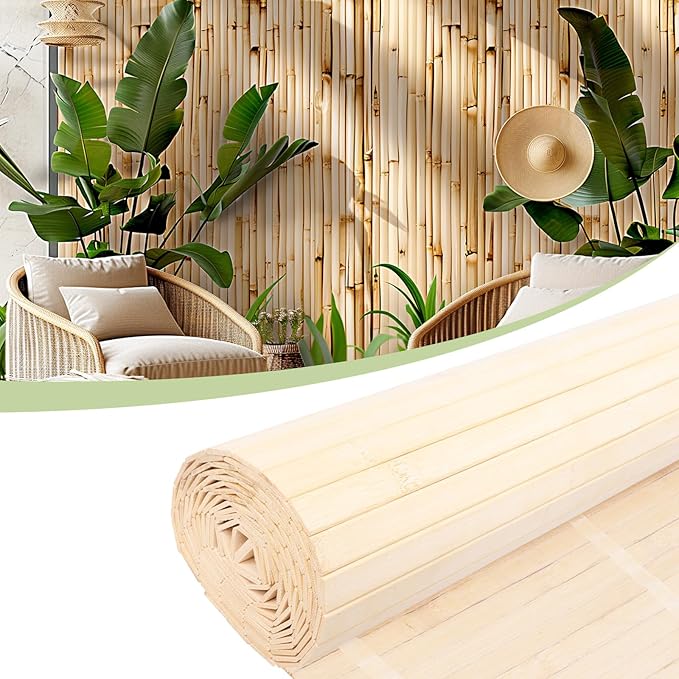 Bamboo Wall Panels for Interior Wall Decor（48"H x 96"L）Natural Wainscoting Panels Wall Paneling for Living Room Decor, Tiki Bar,Kitchen,Ceiling Tiles, Pole Wrap Wood Roll,Wall Decor for Bedroom