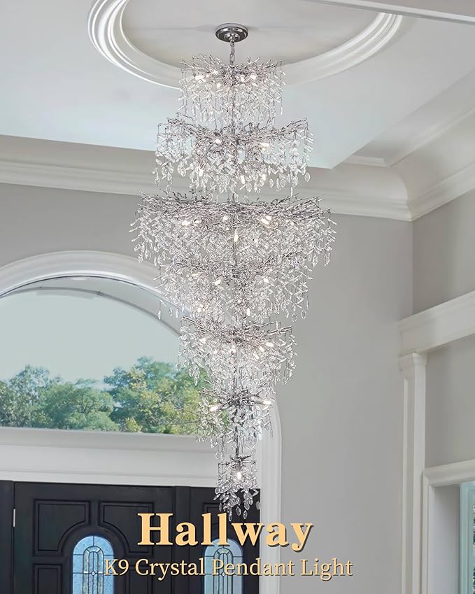 Modern Staircase K9 Chandeliers, Luxury Silver Long 7-Tier Large Foyer Entrance Chandeliers for High Ceiling Big Crystal Chandelier(Height 87 Inch 55 Lights)