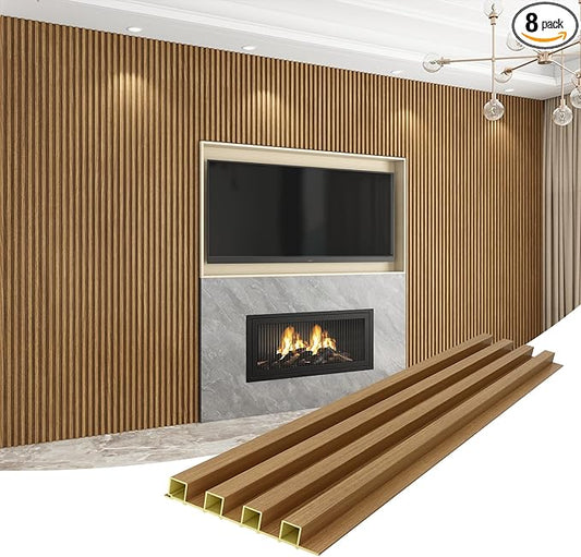 8-Pack WPC Wall Panels 108’’ x 6.1’’ 3D Slat Wall Panel Acoustic Wall Paneling for Interior Wall Decor TV Background Kitchen Bedroom Oak