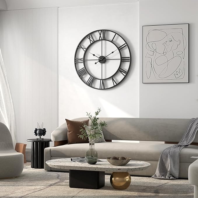 Large Outdoor Indoor Waterproof Metal Wall Clock, Completely Silent, 24 inch Roman Numerals Vintage Art Decor Modern Clocks, Mid-Century Battery Operated Home Decorative for Kitchen,Bedroom,Office