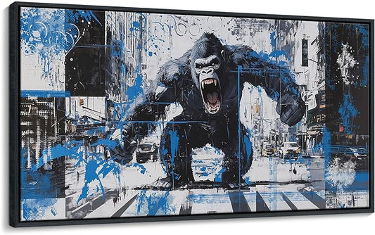 JEAWA Bathroom Framed Wall Art, Angry Gorilla Abstract City Street Graffiti Cool Pop Canvas Paintings Black and White Modern Picture for Living Room Bedroom Men Teenage Boy Game Room Decor 20x40 IN