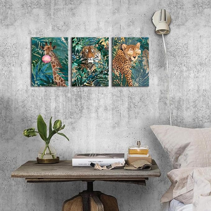 Abstract Animal Wall Art Giraffe Cheetah Tiger Pictures for Living Room Boho Green Plant Leaves Posters Jungle Botanical Canvas Adventure Wildlife Wall Decor Bathroom Bedroom Home Decoration 12x16" 3P