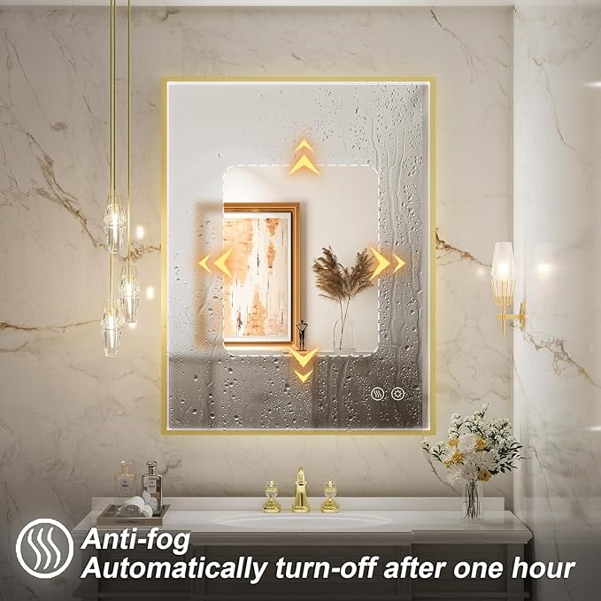 36x28 Inch LED Bathroom Mirror with Light,Gold Metal Frame Lighted Vanity Mirror, Anti Fog Design&Dimmable&Touch Switch