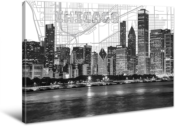 Chicago Skyline Wall Art Framed Canvas Print - Modern Black & White Panorama Cityscape Poster for Home Office Decor Ready-to-Hang Living Room Artwork 24"x36"