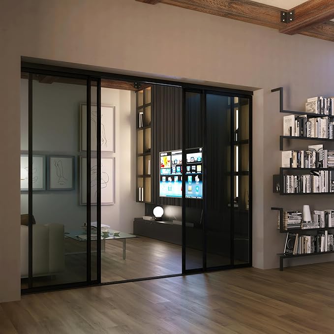 4 Panel Glass Room Divider and Sliding Glass Closet Doors - Smoked Frosted Partition Wall - Clear, Smoked and Frosted Glass Sliding Doors Options (Lite Smoked Glass, 96x96)