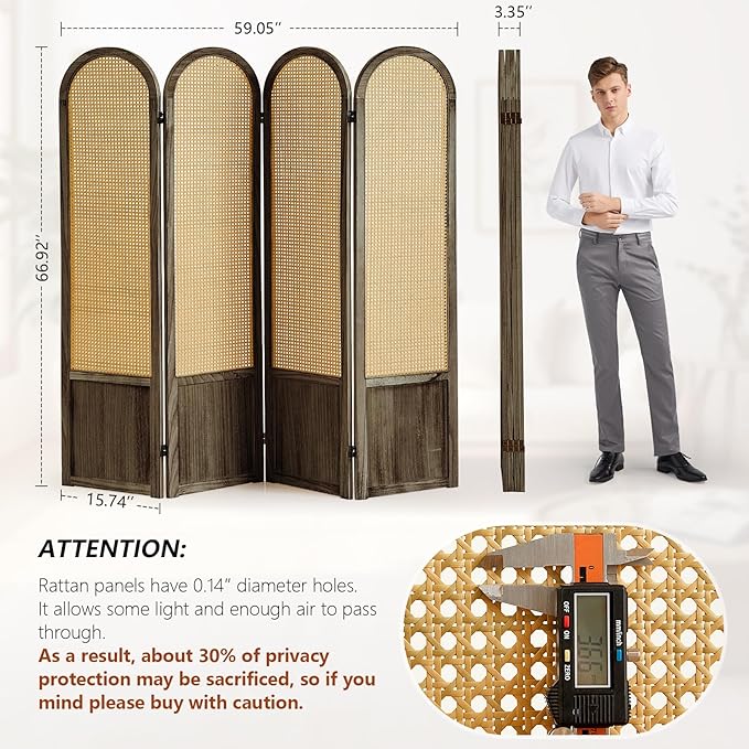 4 Panel Room Divider and Folding Privacy Screen, 5.6 Ft Foldable Double Hinged Rattan Partition, Hand-Woven Rattan Room Divider Portable Wood Freestanding Wall Divider for Room Separation - Brown