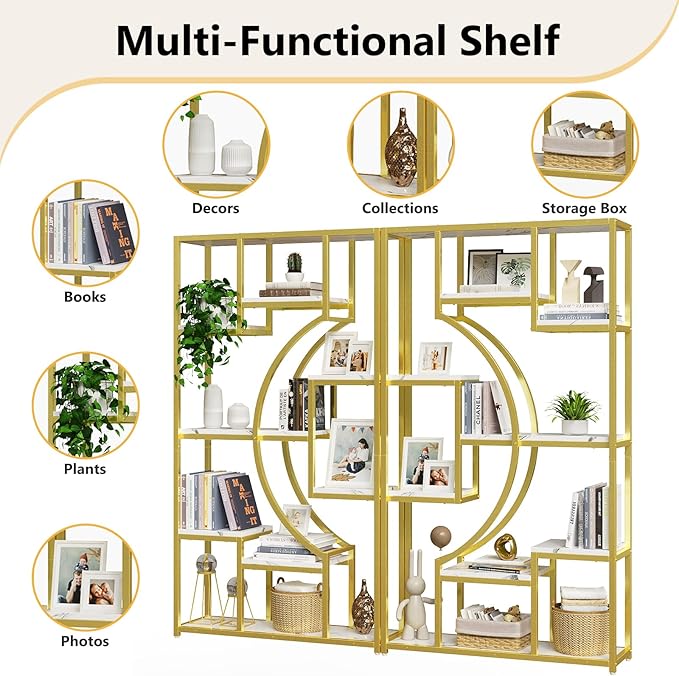 Modern Book Shelf, White and Gold Bookshelf, 70.8 Inch Tall Etagere Bookcase, Set of 2 Geometric Display Shelves for Living Room, Bookcases/Bookshelf with Metal Frame for Home Office