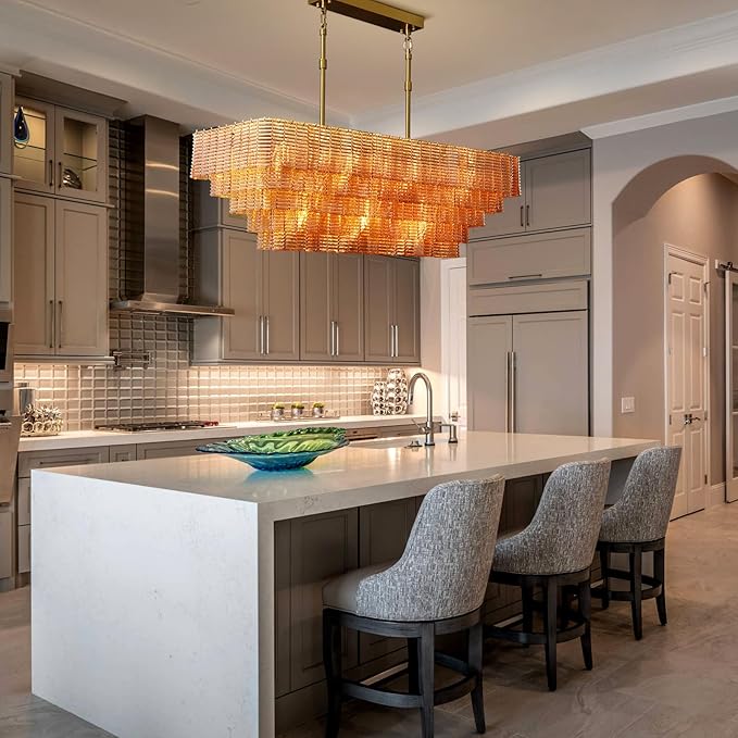 Large Chandelier for Dining Room, 59" 11-Light Amber Rectangular Chandeliers for High Ceilings, Modern Gold Kitchen Island Hanging Light Fixture for Living Room, Dining Room, Kitchen Island, Foyer