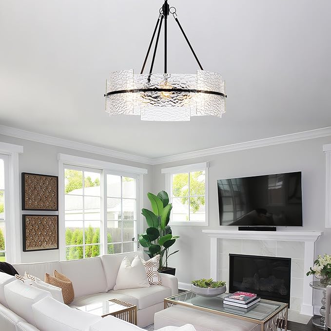 MAYNA Modern Dining Room Chandelier 22.2” Black Textured Glass Chandelier Luxury Drum Crystal Light Fixture Farmhouse Round Hanging Lighting for Dining Room Kitchen Island Living Room Hallway Bedroom