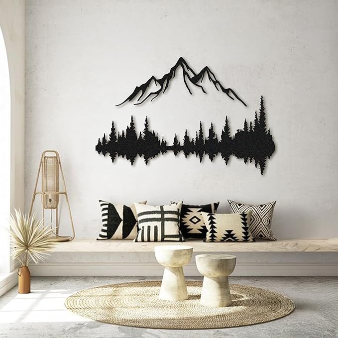 Metal Wall Art | Mountain & Forest Wall Sculptures | Rustic & Modern Wall Decor for Living Room, Home, Bedroom, Office, Kitchen & Outdoor (Black, 38.58'' x 25.72'' IN)