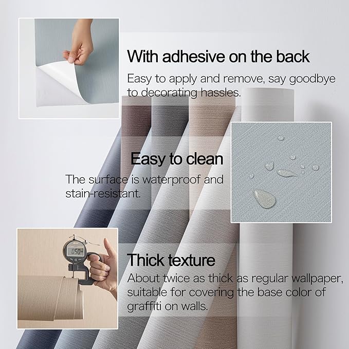 24"x393" Grasscloth Peel and Stick Wallpaper Fabric Textured Contact Paper for Cabinets, Faux Linen Vintage Matte Frosted Waterproof Flax Wallpaper for Bedroom Bathroom Kitchen (Blue-Gray)