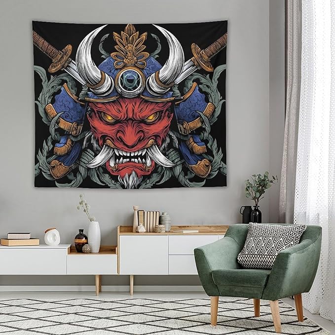 UUKXKUU Oriental Retro Mask Symmetry Samurai Tapestry Flag Backdrop Wall Hanging Large Wall Art Decor for Dorm Office Bedroom Living Room 50"×60"