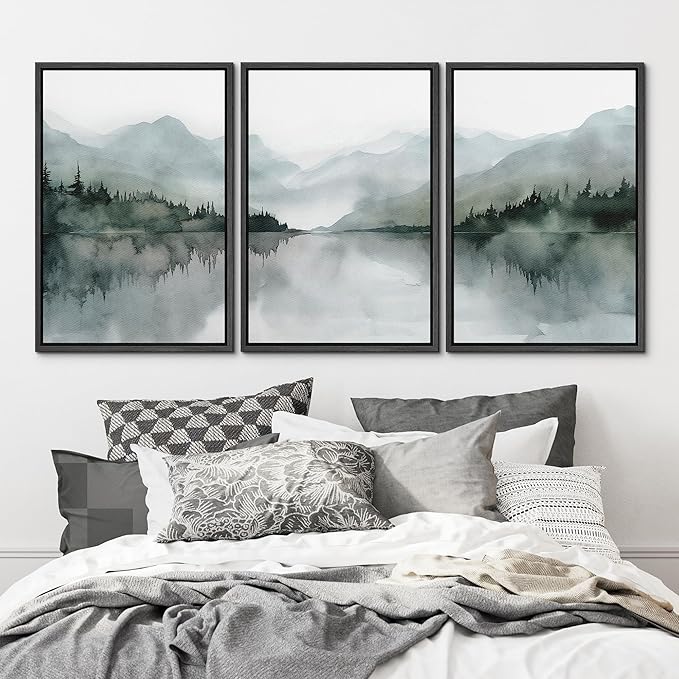 MUDECOR Framed Wall Art Print Set Misty Mountain Lake Watercolor Serene Illustrations Modern Art Boho Decorative Colorful Chic for Living Room, Bedroom, Office - 24"x36"x3 Black