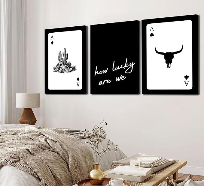 3Pcs Black and White Western Canvas Wall Art Country Southwest Poster Vintage Poker Ace Picture Cactus Bull Skull and How Lucky We Are Painting for Bedroom Living Room 12x16in Framed
