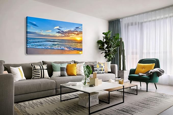 Aibonnly Wall Art Canvas Painting Seaside Sunset over the beaches 1 Piece blue sea view Landscape Ocean Picture Poster Print Framed Ready to Hang for Living Room Bedroom Kitchen Office