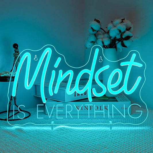 Lucunstar Mindset is Everything Neon Sign Blue Dimmable LED Inspirational Light Up Signs for Wall Decor USB Powered Neon Light for Home Room Office Gym School Classroom