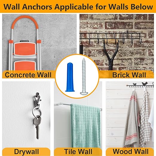 KURUI #12-16 Wall Anchors and Screws Kit, 134 PCs Drywall Anchors for Drywall Brick Masonry Stucco Concrete, 67 Plastic Concrete Anchors and 67 Wood Screws, Drywall Anchors for Picture, Curtain Rod