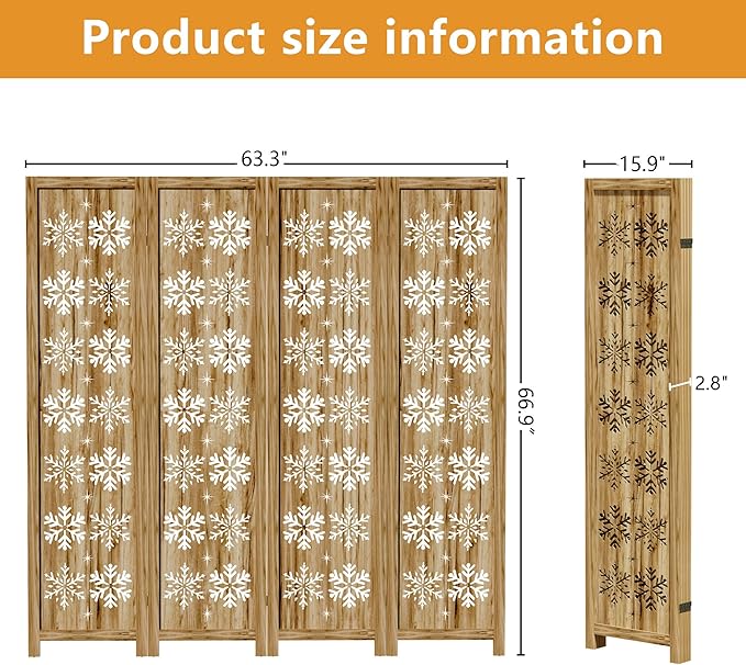Casaphoria 4 Panels Room Divider, Folding Screen Room Divider with Snowflake Pattern for Home Office, Restaurant and Bedroom, Paulownia Wood, 66" W x 67" H (Natural)