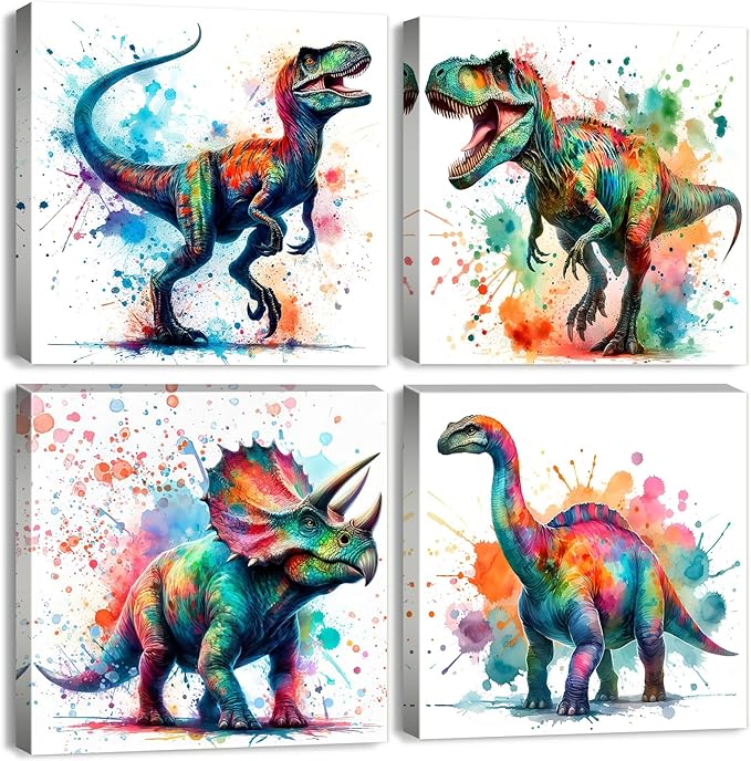 Colorful Dinosaur Canvas Wall Art for Boys Watercolor Dinosaur Painting Prints Kids Bedroom Dino Pictures Wall Decor Toddler Nursery Animal Poster Artwork Bathroom Home Decorations 16x16” 4Pcs